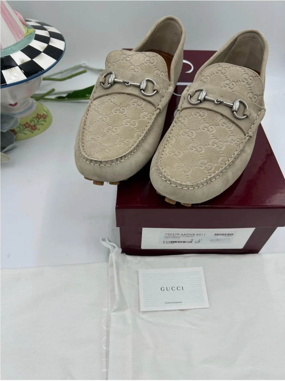 Men’s Gucci GG embossed oatmeal suede driver loafer size 11 fits 12 US
